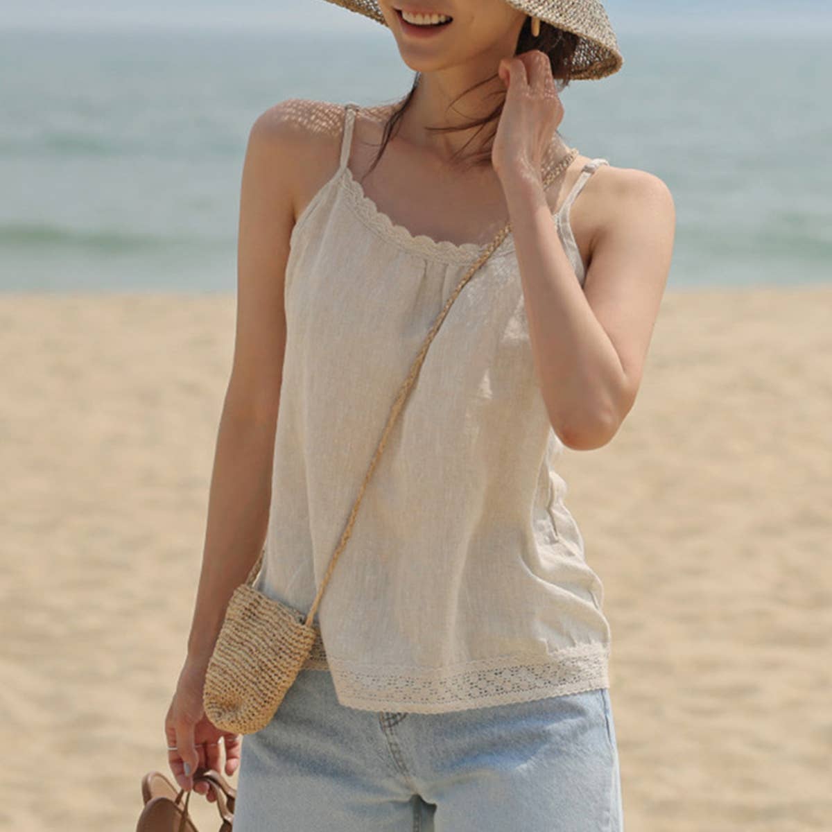 Holiday style cotton hemp off-the-shoulder vest