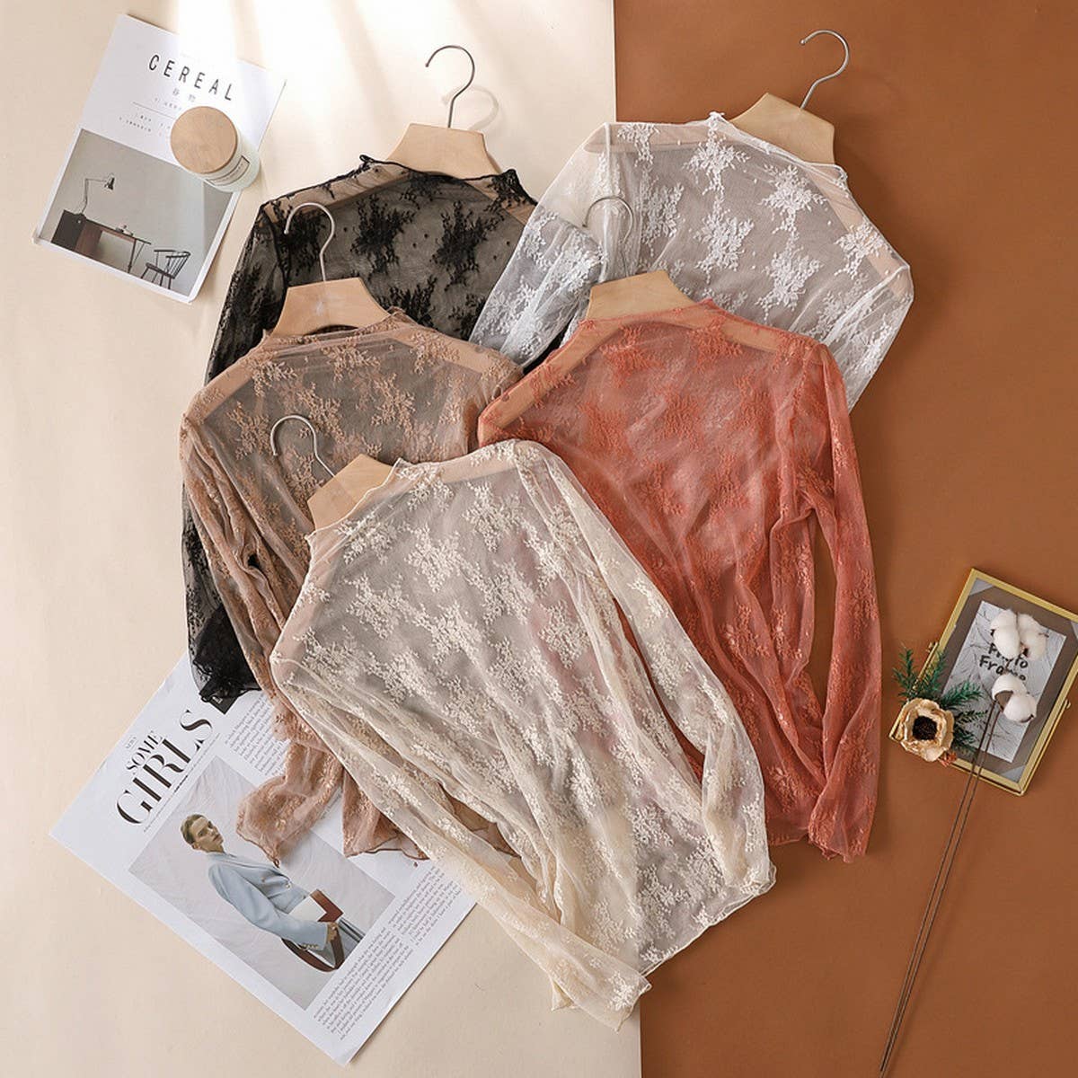 Semi Sheer Mesh Lace Sexy Slim Bottoming Shirt