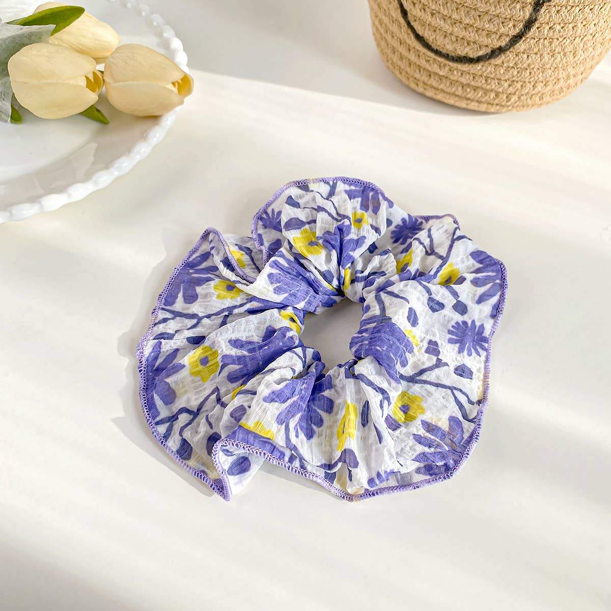 Large pleated floral intestine style hair ties