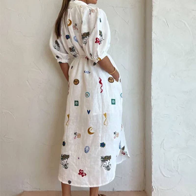 Print lapel long waistband blouse dress