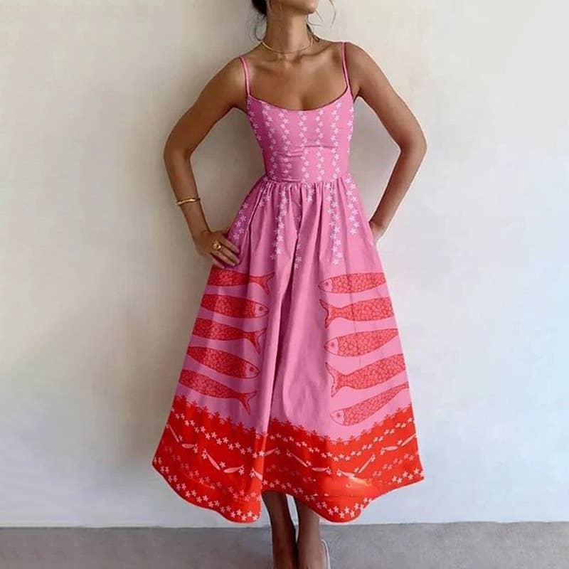 Fashion printed cinched waist,large halter dress