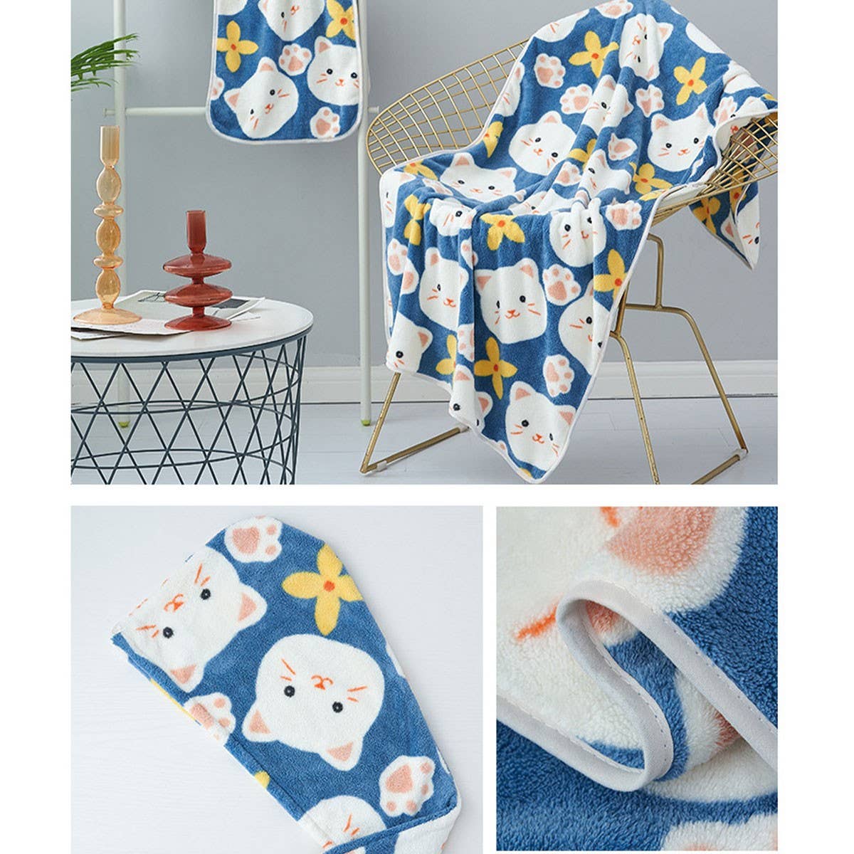 CORAL FLEECE PRINTED SHOWER CAP TOWEL BATH TOWEL