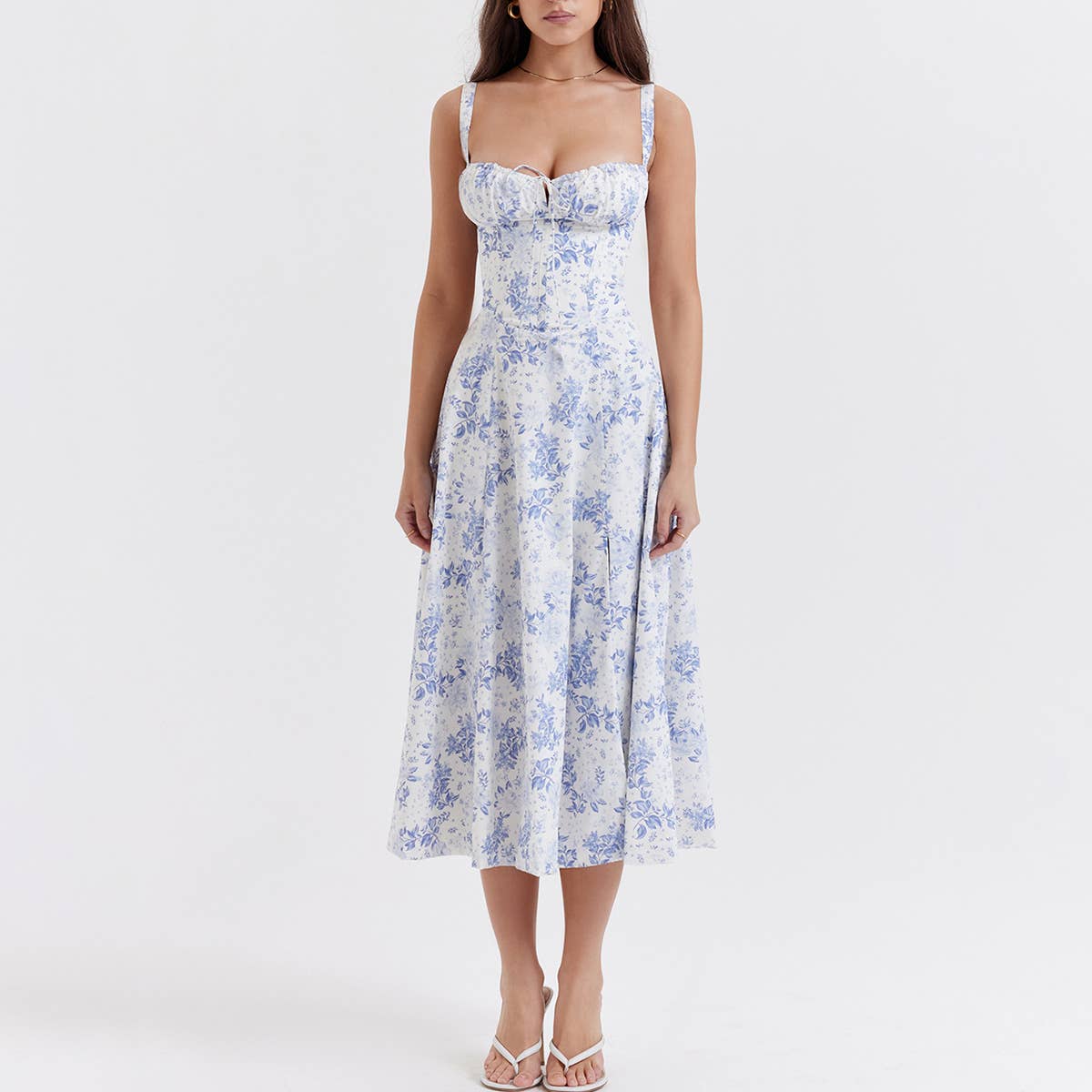 SLIT MIDI DRESS WITH PLEATED STRAPPY SLIP DRESS