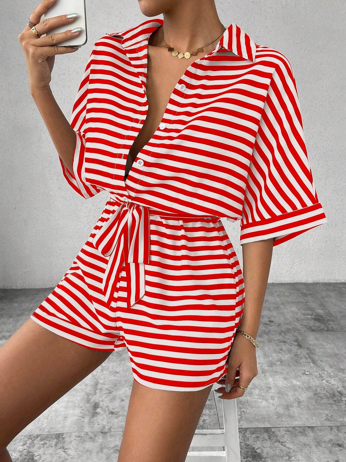 Women¡¯s striped buttoned cardigan romper