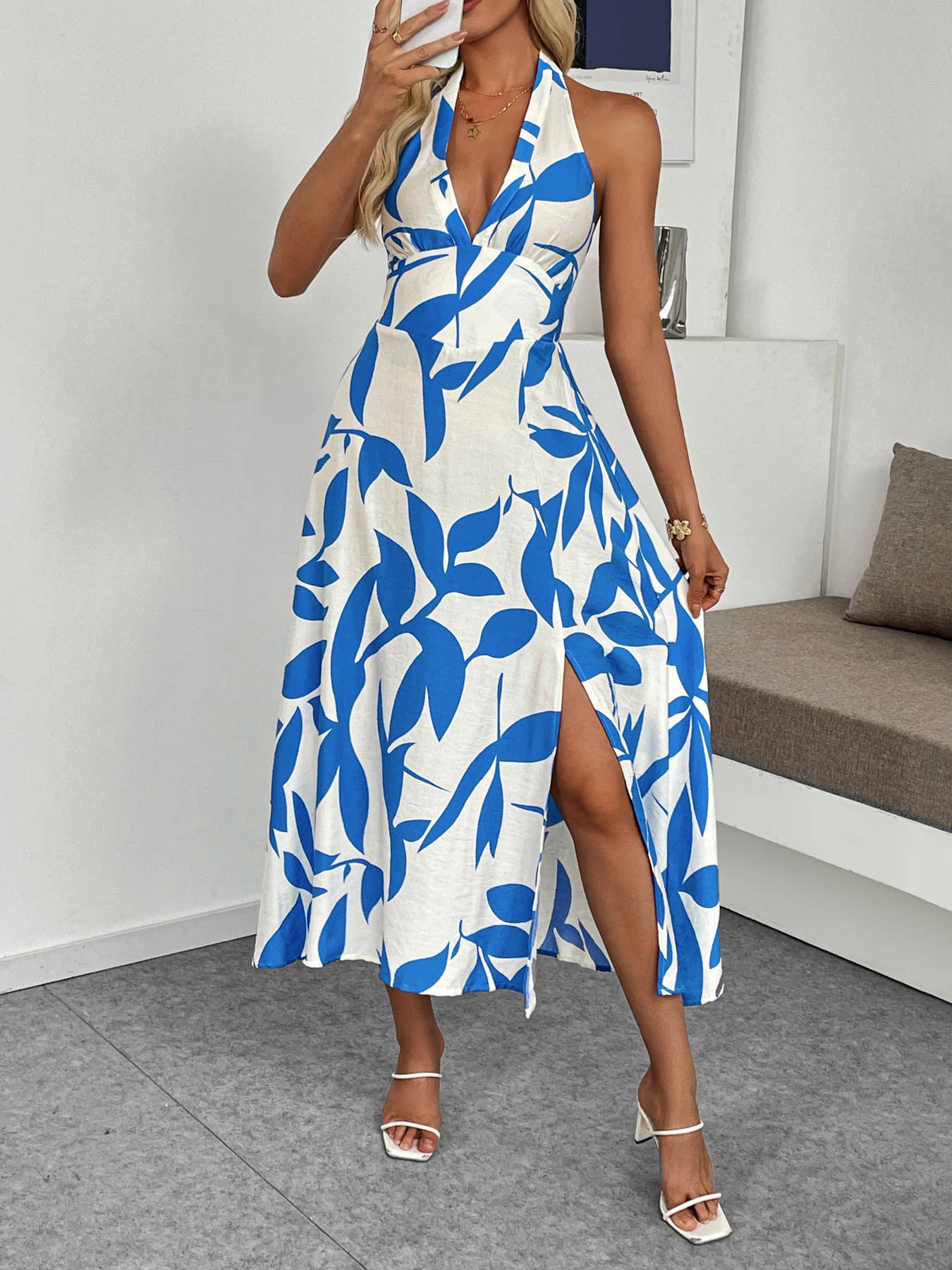 Plant print vacation-style halter-neck dress