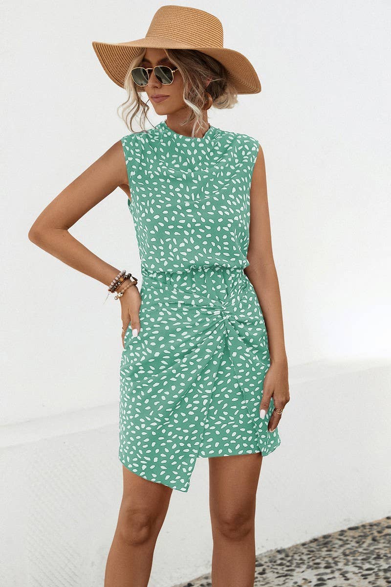 CWDSD7112_SUMMER POLKA DOT PILE NECK SLEEVELESS DRESS