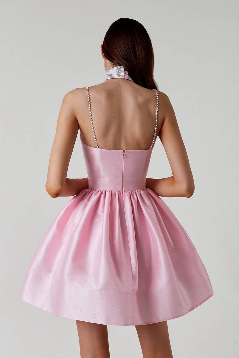 CWDTD0471_SEXY RUCHED RHINESTONE STRAP MINI DRESS