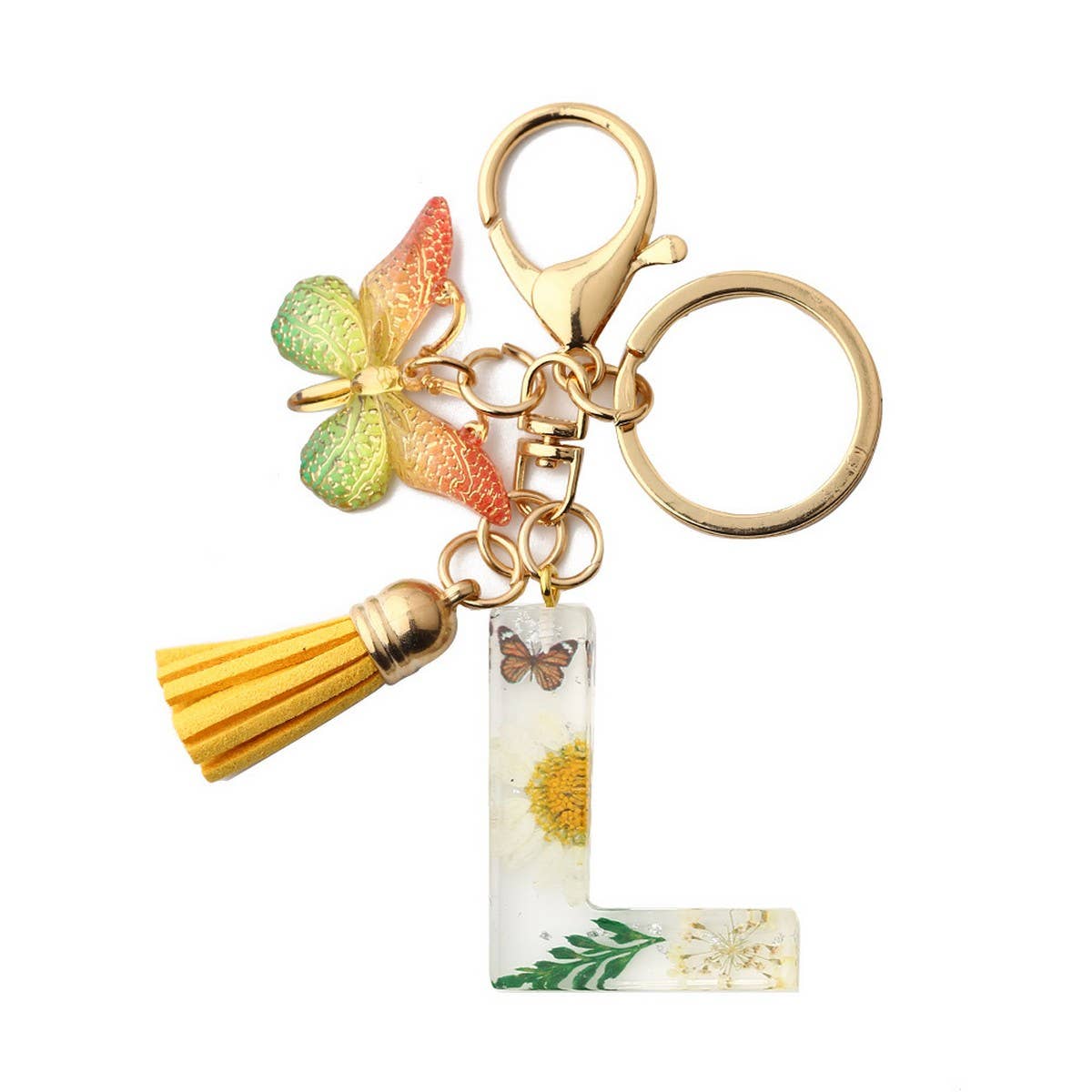 Flower Letter Keychain with Yellow Butterfly Charm_CWAB5090