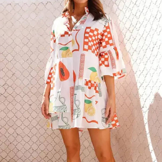 Simple flared sleeve national style loose dress