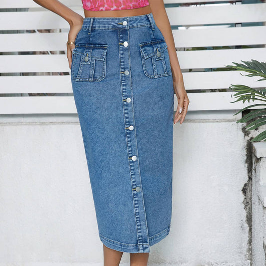 Mid-length button-down denim body-hugging skirt