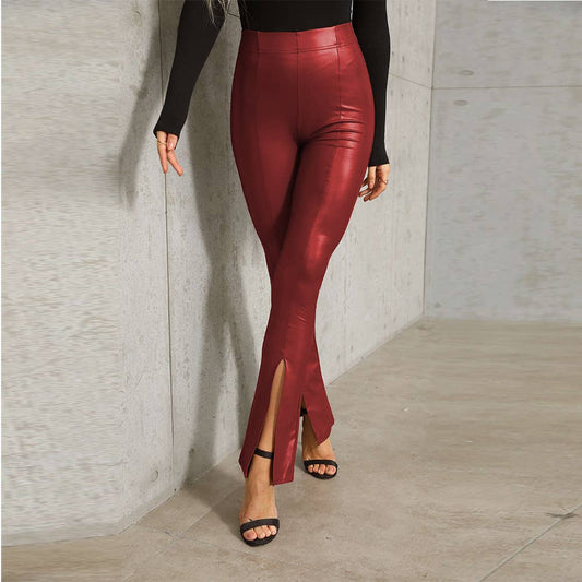 SOLID COLOR PU PANTS WITH HIGH WAIST AND TUMMY