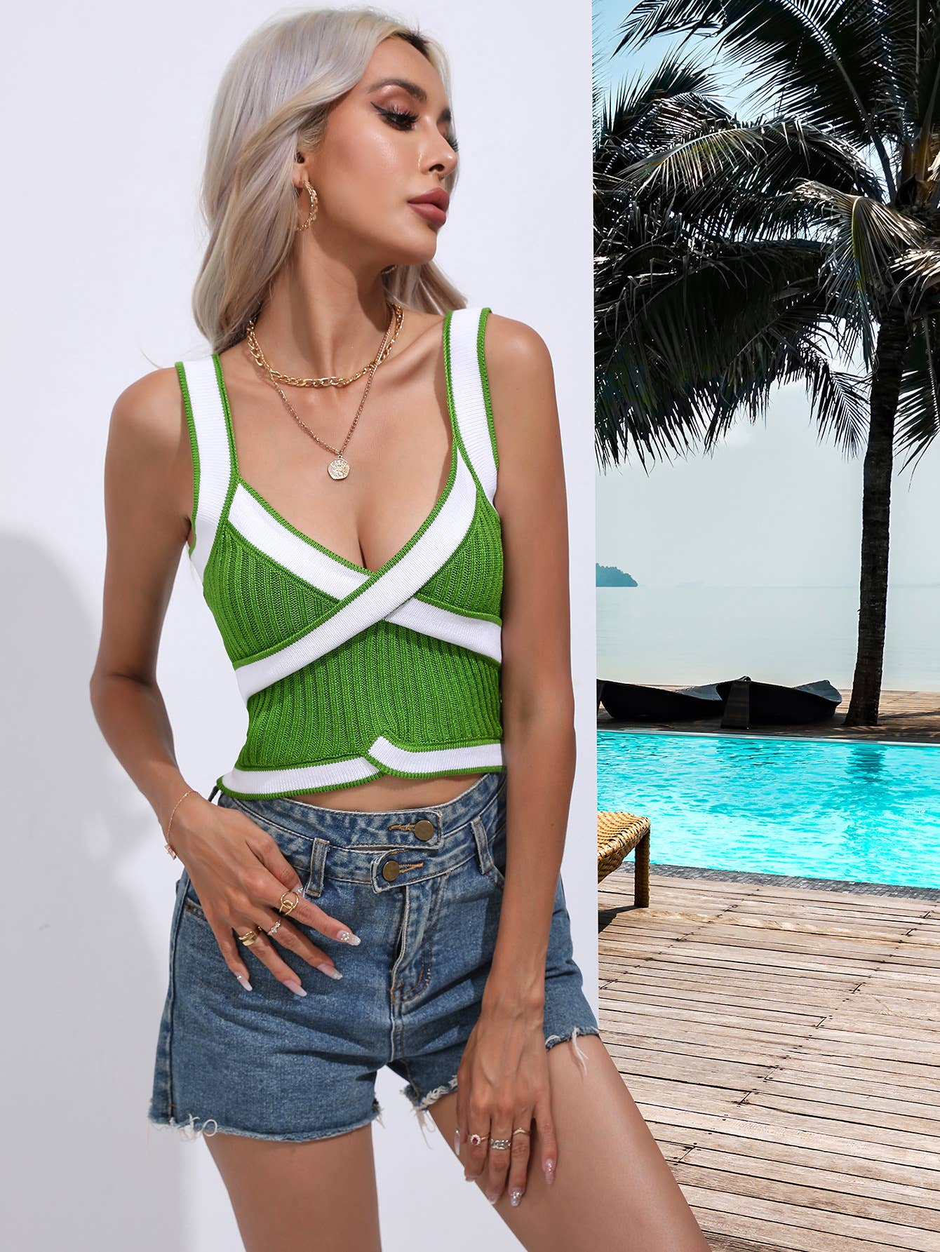 SLEEVELESS V-NECK SWEATER WITH CROSS HALTER