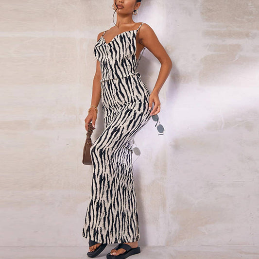 PRINTED SEXY V-NECK HALTER DRESS