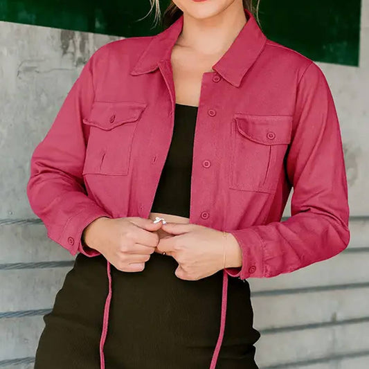 SIMPLE SOLID COLOR DENIM DRAWSTRING LOOSE SHIRT