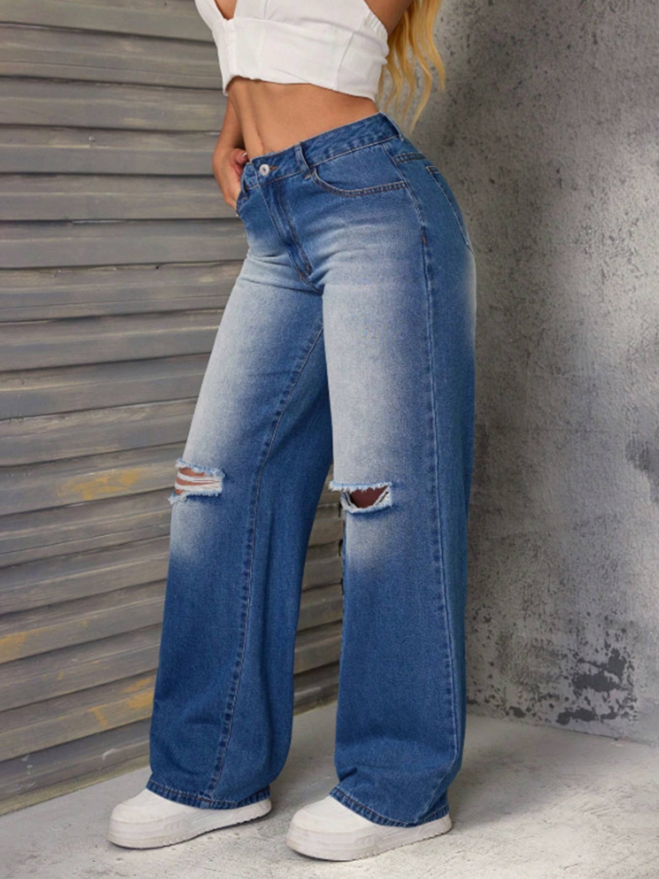 Ripped high-waisted straight-leg denim trousers
