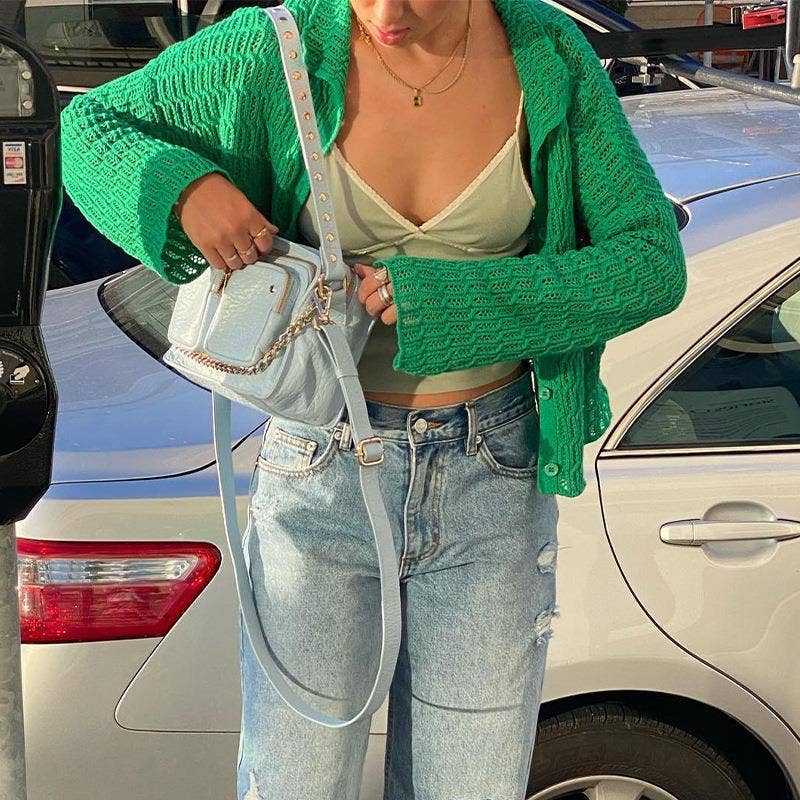 LAPEL HOLLOWED OUT SOLID COLOR BUTTON CARDIGAN