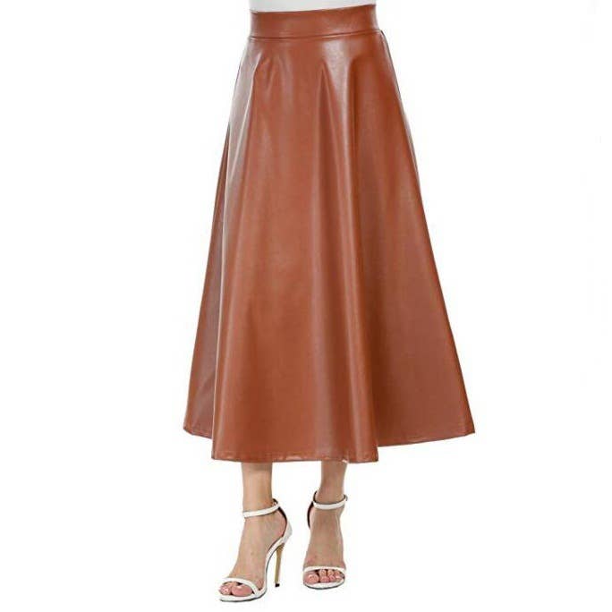 HIGH WAIST PU LEATHER LONG SKIRT WITH BIG SWING