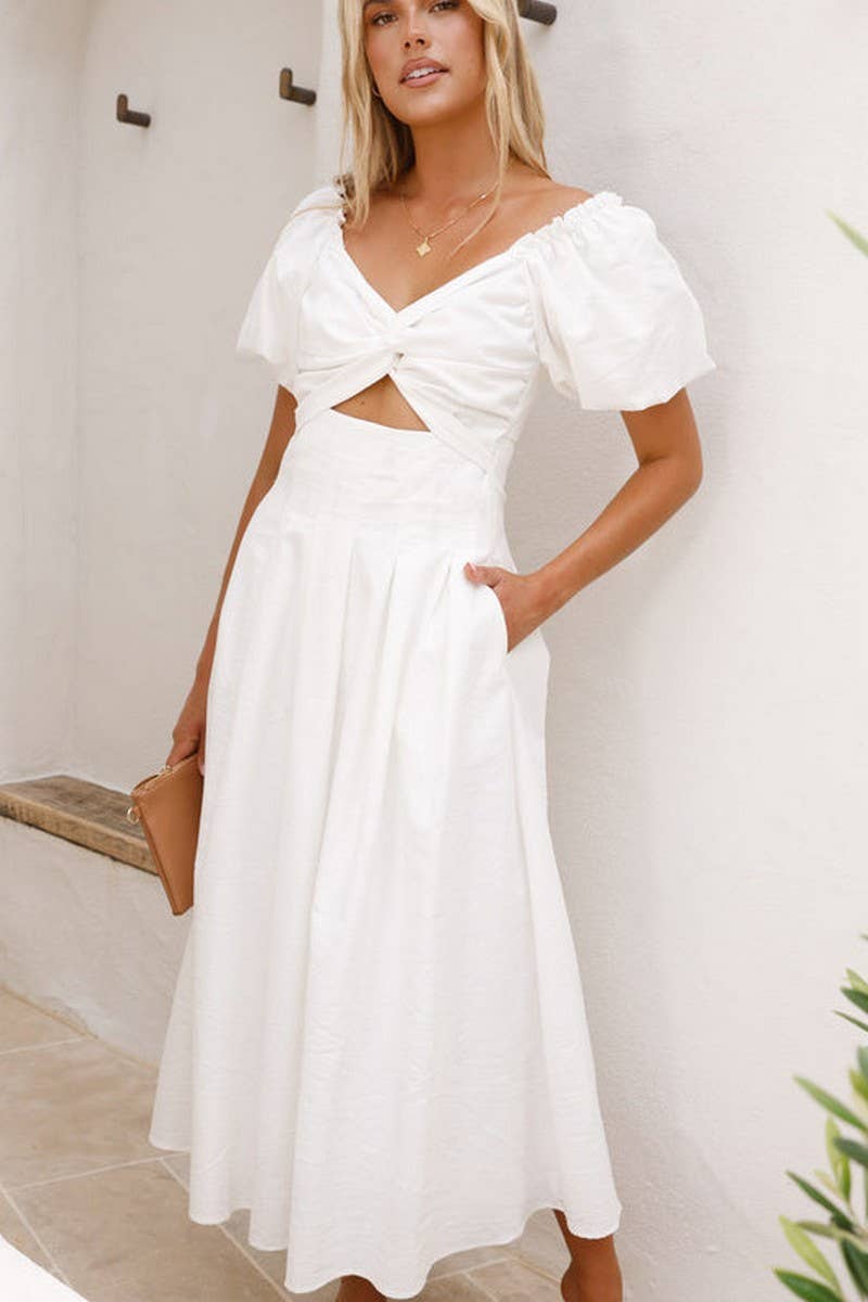 CWDMD5652_SOLID V-NECK LONG PUFF SLEEVE SLIM MAXI DRESS