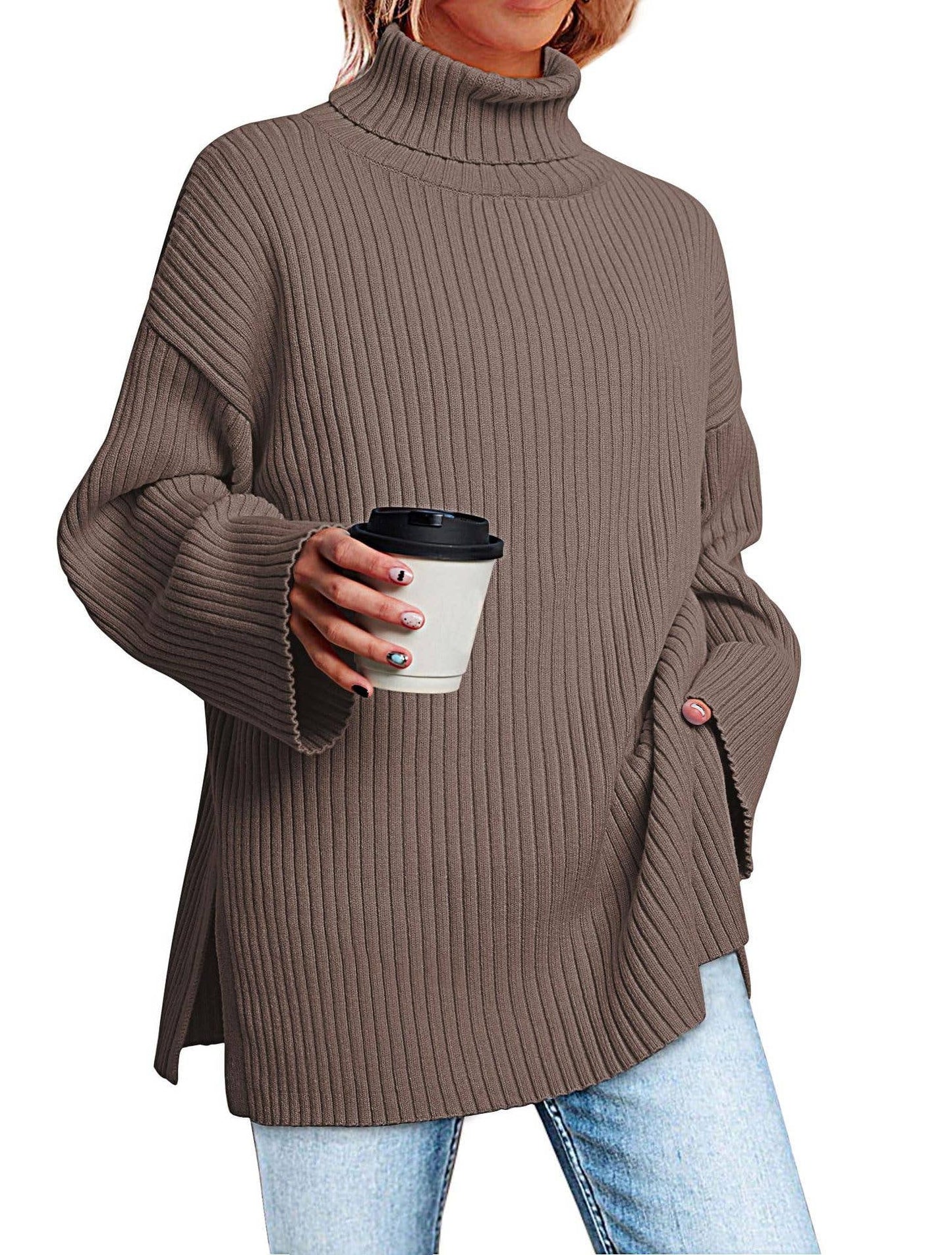 SPLIT TURTLENECK SOLID COLOR RIB KNIT SWEATER