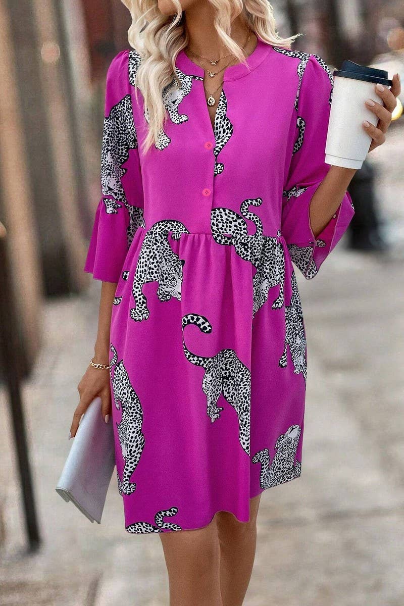 CWDSD6963_LEOPARD PRINT BUTTON BELL SLEEVE DRESS