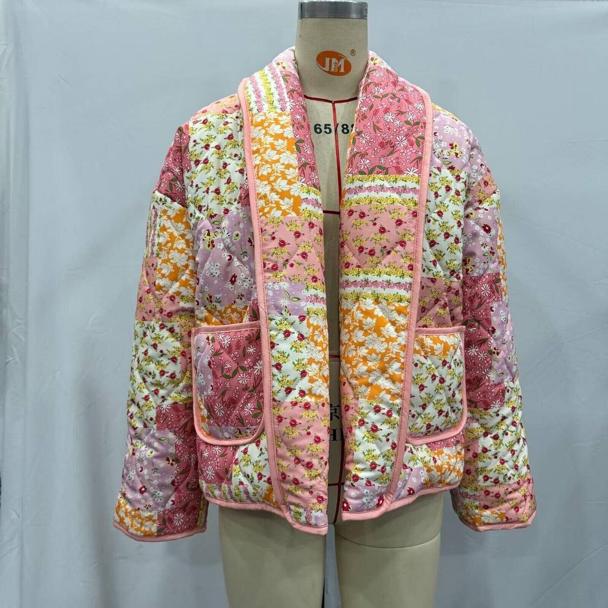 COLORBLOCK PRINT LAPEL QUILTED JACKET