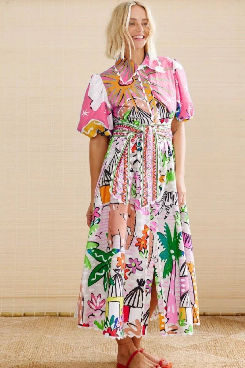 CWDMD00970_LAPEL PRINTED CASUAL CARDIGAN SHORT SLEEVE DRESS