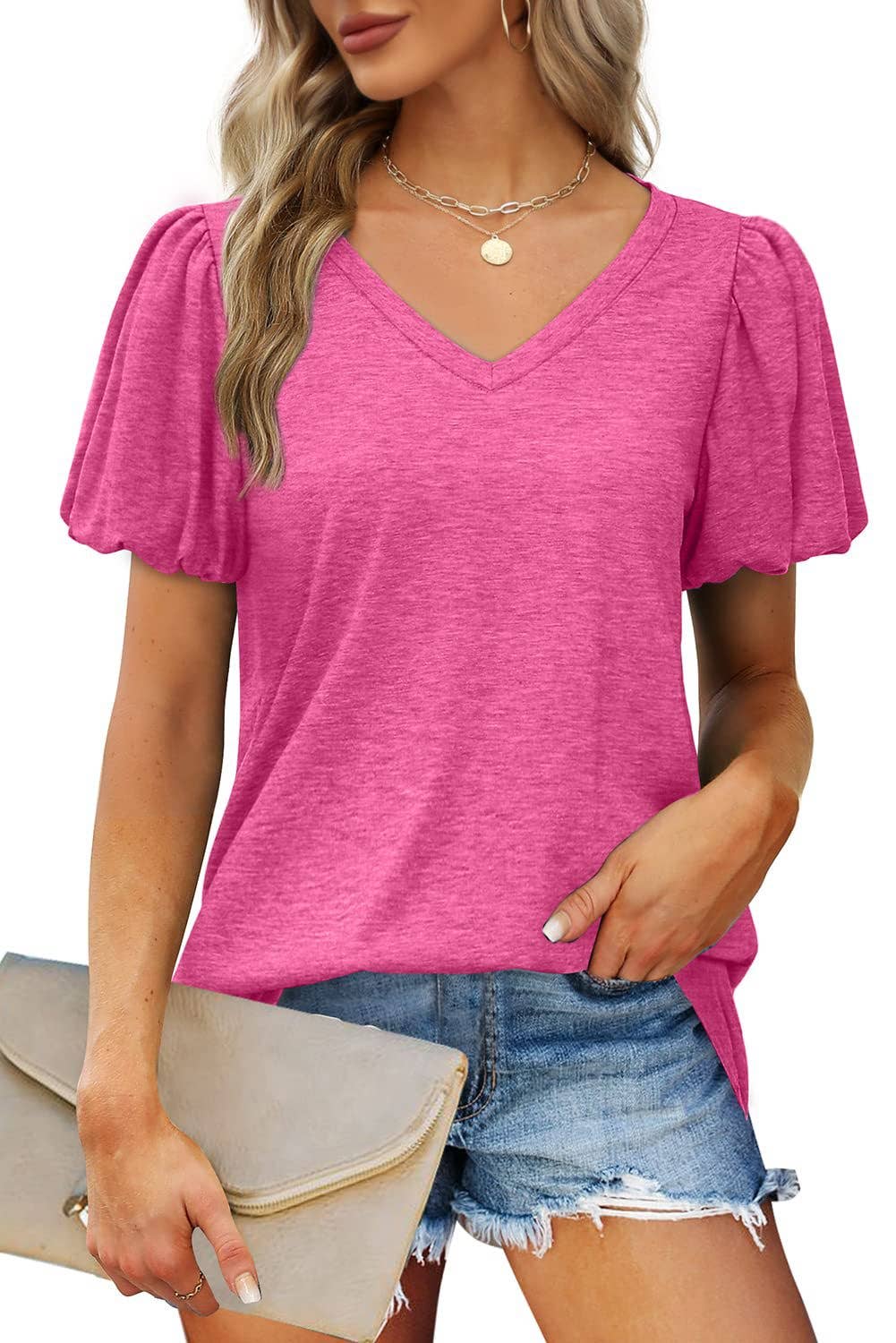 V-NECK LANTERN SLEEVE SOLID SHORT-SLEEVED TOP