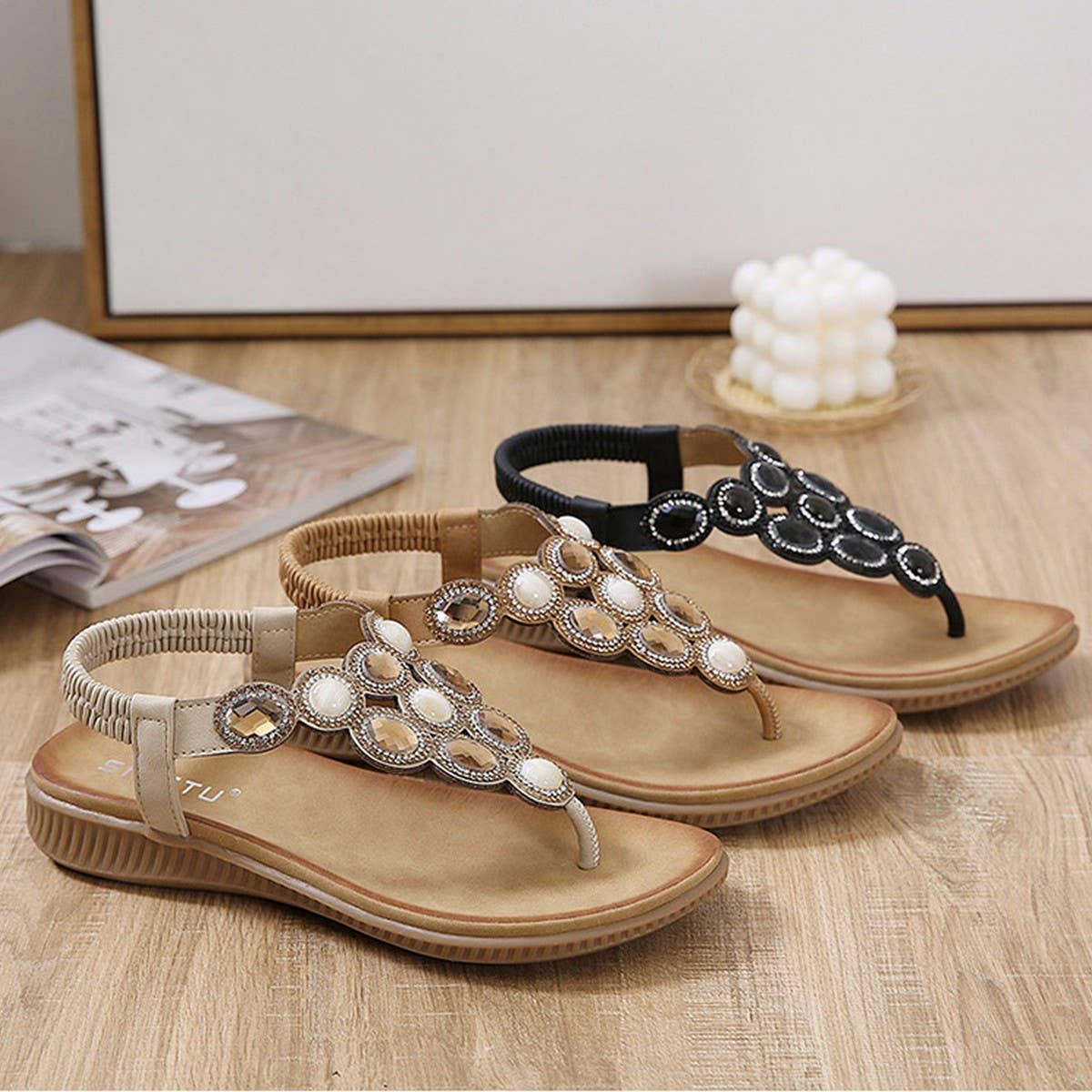 WOMENS FLIP FLOPS CRYSTAL JEWELED SANDALS SHOES