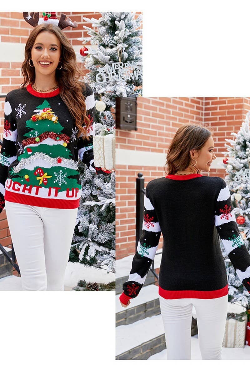 CWOSWL07297_CASUAL CHRISTMAS TREE EMBROIDERED KNIT SWEATER