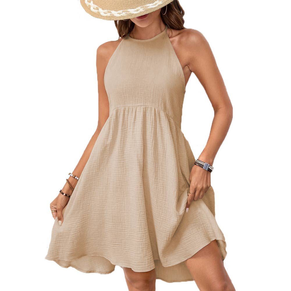 Holiday dress with halter and strappy back