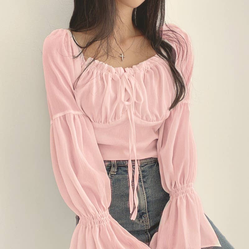 Solid color Korean-style flared sleeves shirt