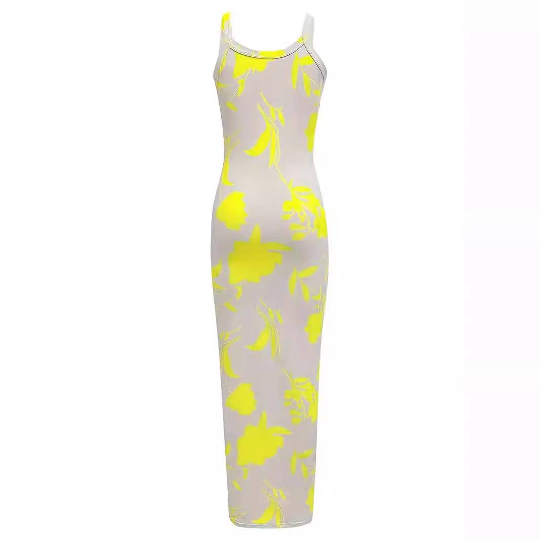 Yellow floral camisole sheath sheath hip dress