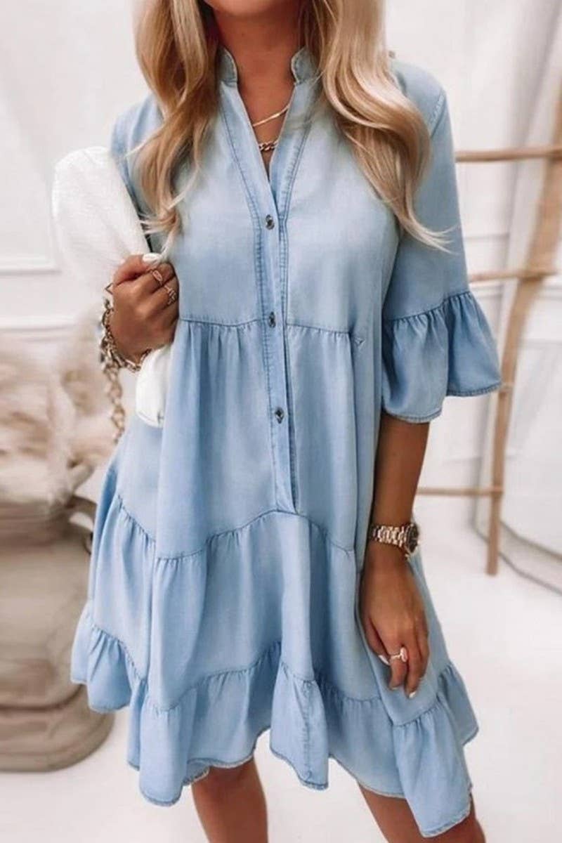 CWDSD6508_Women Casual Denim Shirt Dress Short Sleeve A Line