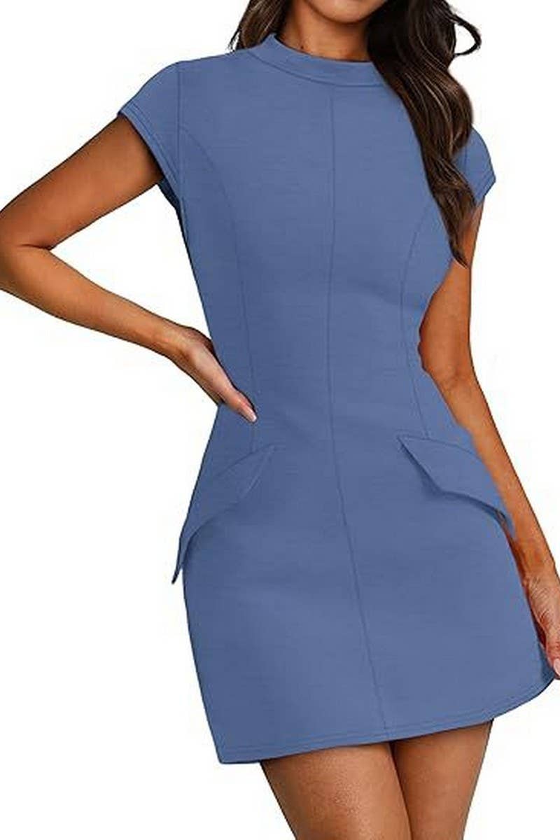 CWDSD8810_ROUND NECK BODYCON PARTY CLUB SHORT SLEEVE DRESS