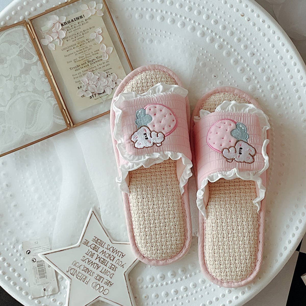 SWEET RUFFLED BREATHABLE LINEN SLIPPERS FOR WOMEN