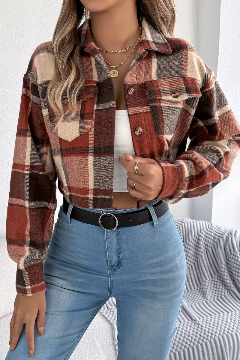 CWOCO1214_COLORBLOCK PLAID  BLEND CROPPED JACKET