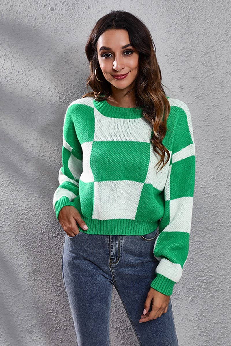 WOMEN RIBBED CREWNECK LONG SLEEVE PLAID SWEATER_CWOSWL1441