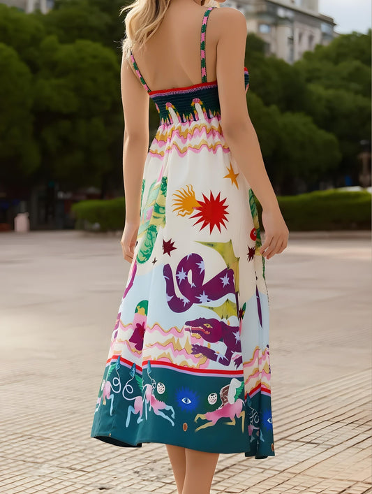 Wonderland Fairy Print Swing Dress ??Whimsical Strappy Midi