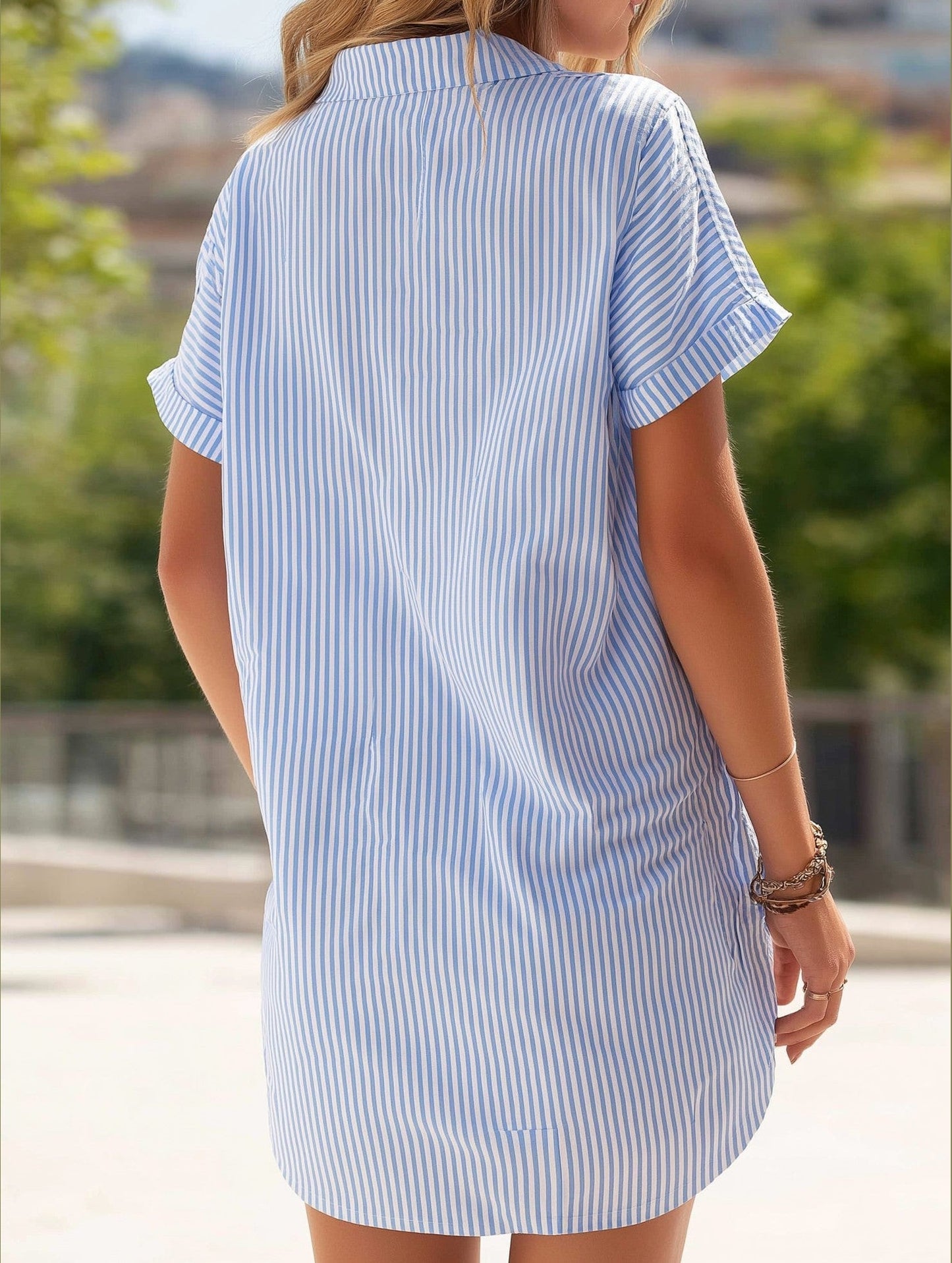 Striped Short Sleeve Viscose Dress ??Lightweight Mid-Length Summer Dress