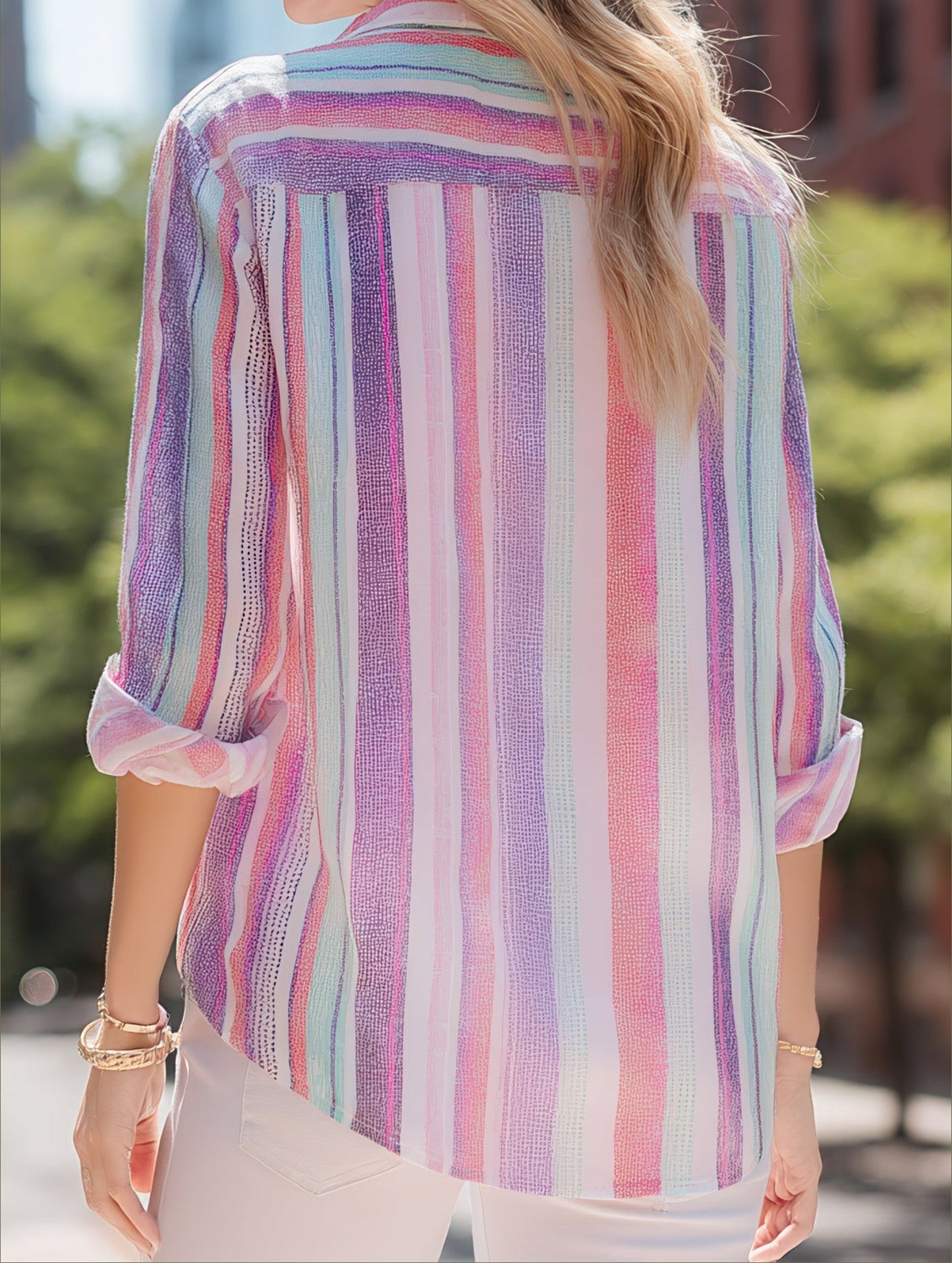 Bold Contrast Stripe Long Sleeve Shirt ??Trendy Women's Button-Up Blouse