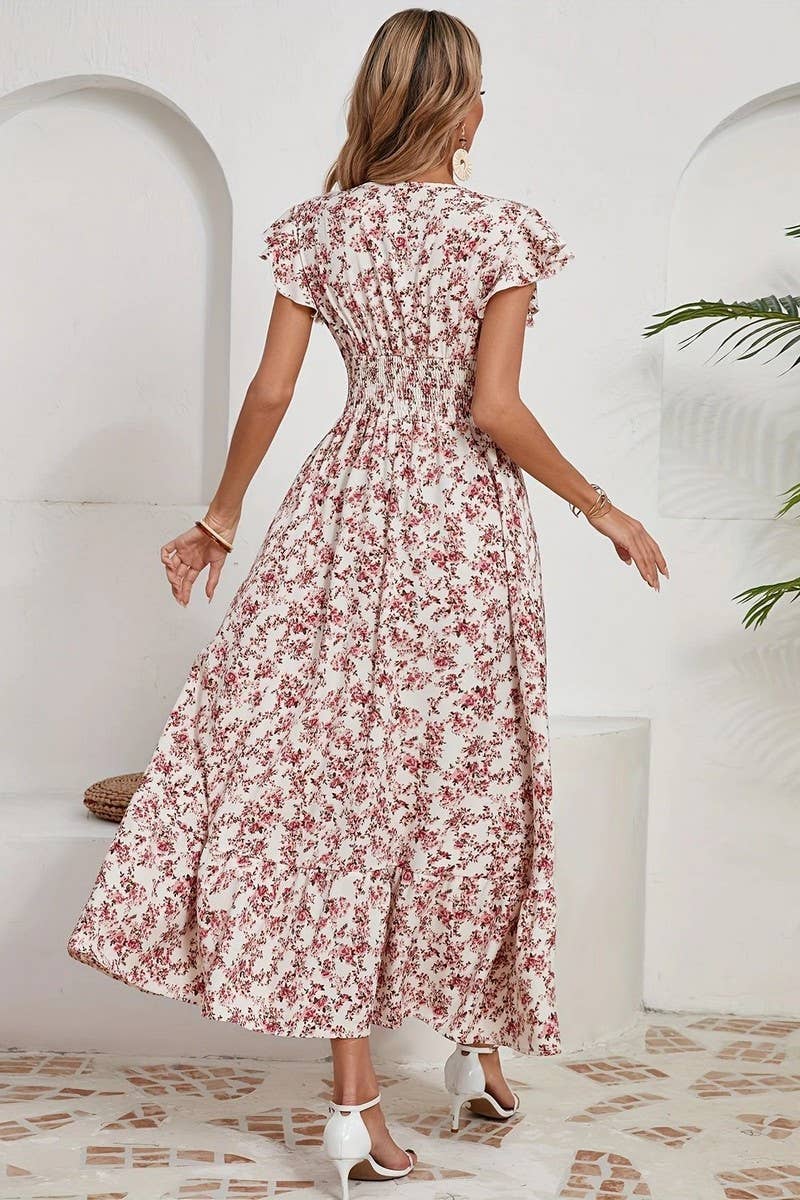 CWDMD6114_V-NECK FLORAL FRENCH STYLE SHORT SLEEVE DRESS