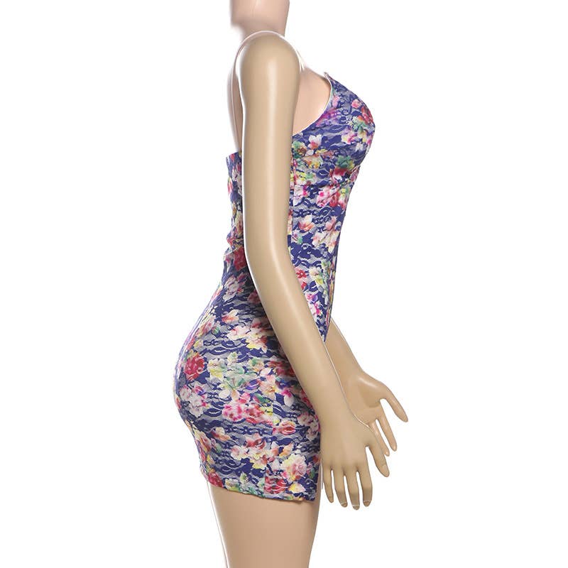 Fashion V-neck lace patchwork floral halter dress