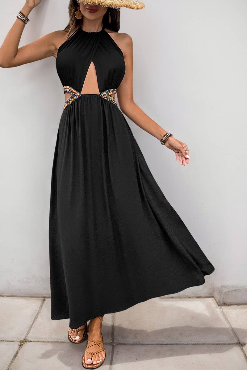 CWDHL0636_HOLLOW SLEEVELESS HOLIDAY STYLE HALTERNECK DRESS