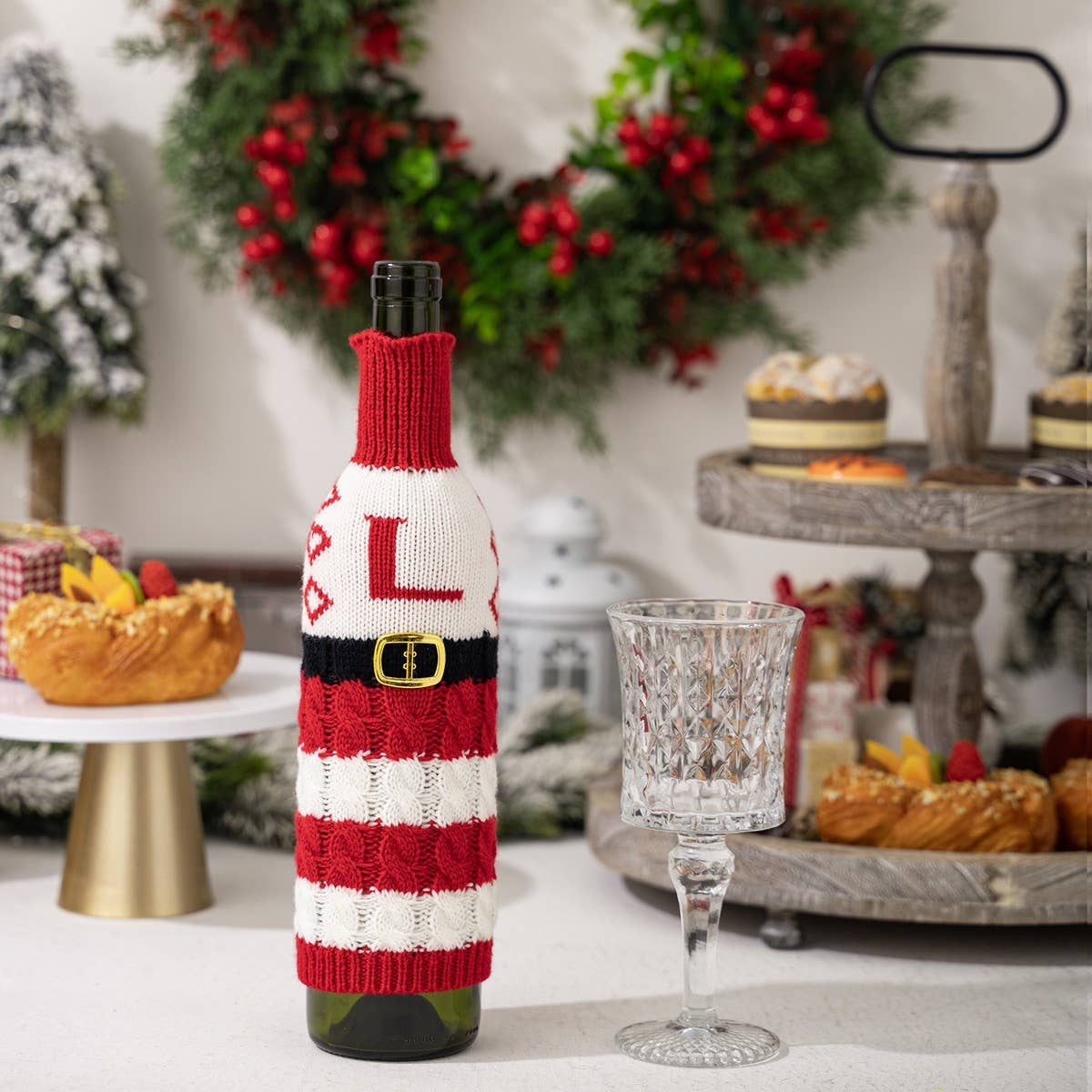 CWMM10337_KNITTED LETTER WINE BOTTLE COVER RED WHITE STRIPES