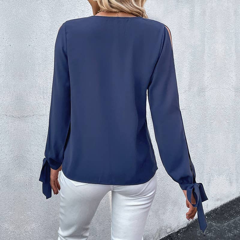 V-NECK SOLID COLOR CUTOUT LACE-UP SHIRT