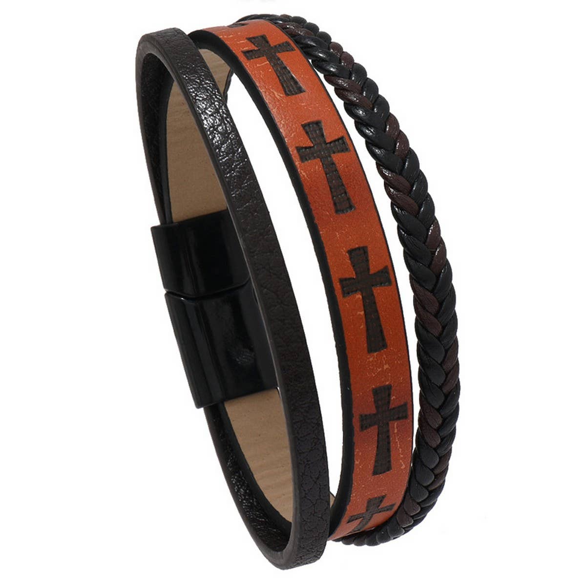 MULTI-LAYER HAND-WOVEN PU LEATHER CROSS BRACELET