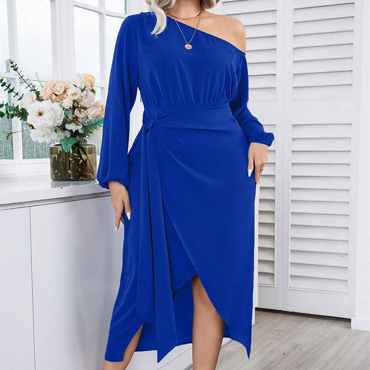 Elegant Asymmetrical Neck Long Sleeve Midi Dress