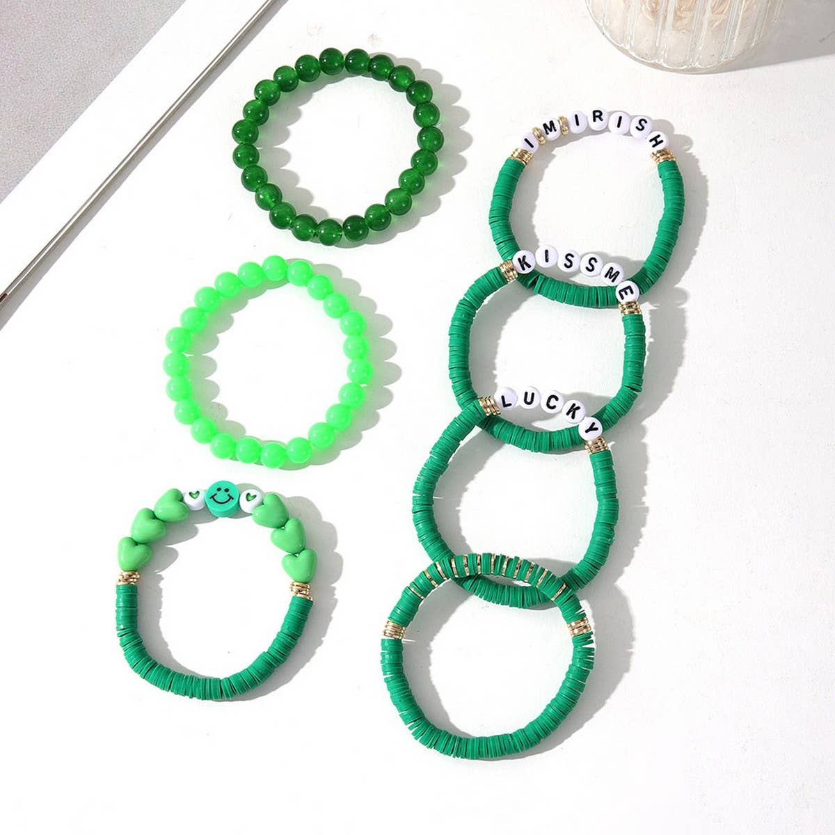 ST. PATRICK'S DAY GREEN SMILEY FACE BRACELET SET_CWMM3501