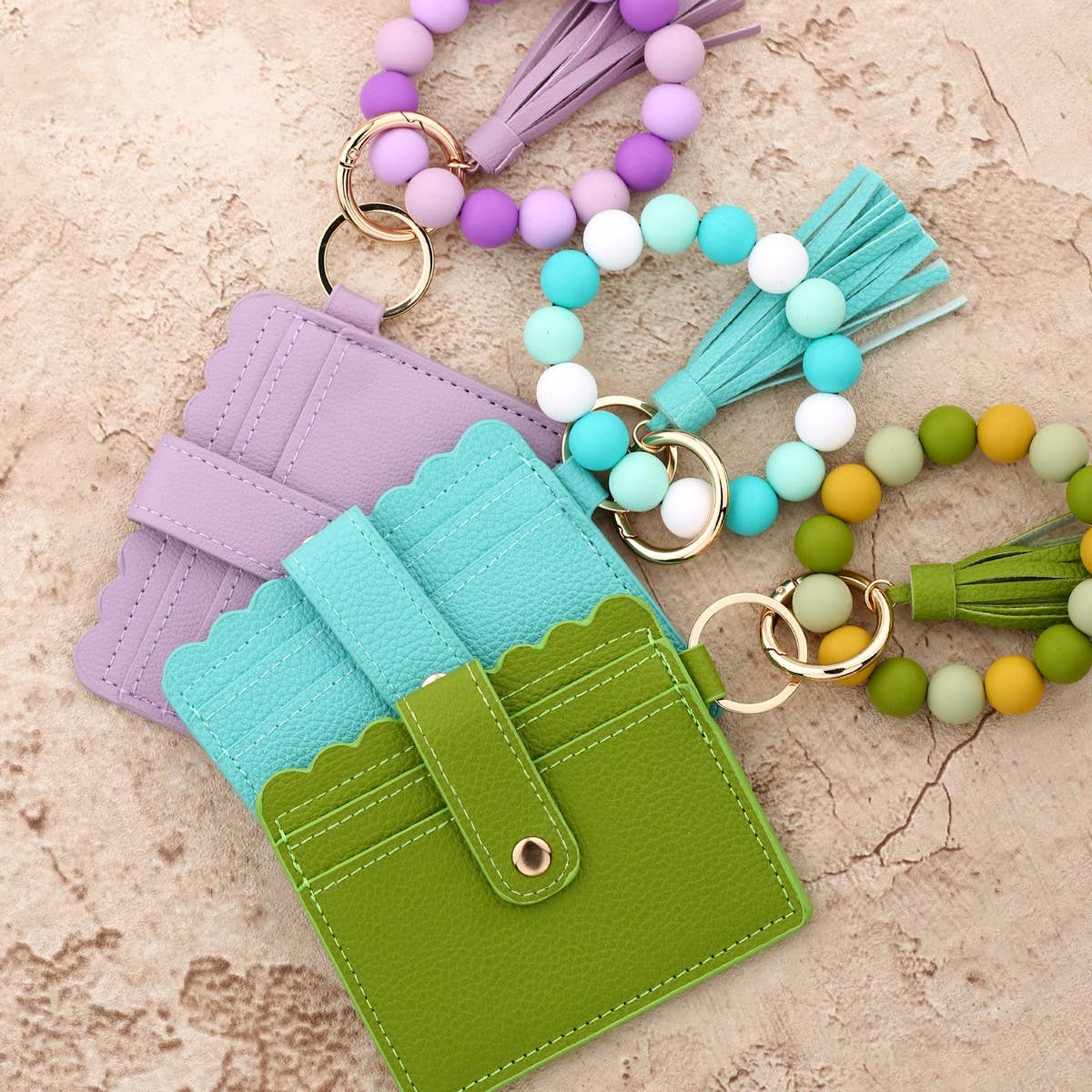 Solid Color PU Wallet with Bead Bracelet&Keychain_CWAB4959