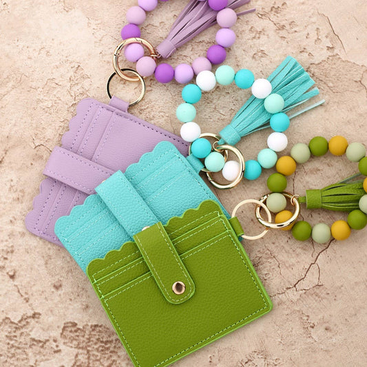 Solid Color PU Wallet with Bead Bracelet&Keychain_CWAB4959